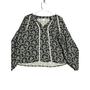 MIRA Floral Lace Pullover Blouse Womens L Regular Puff Sleeve Prairie Fall Green